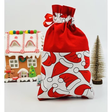 Textil Mikulás zsák &quot;M&quot; méretben piros színben mikulás sapkás