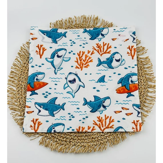 Textil újraszalvéta, szendvics csomagoló- cápás