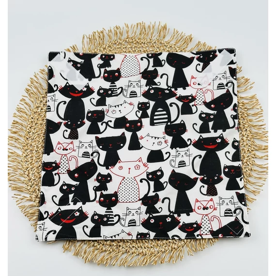 Textil újraszalvéta, szendvics csomagoló- fekete cicás