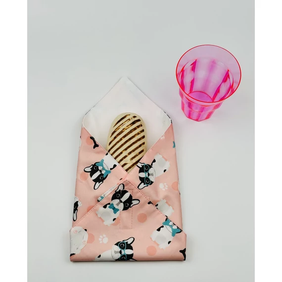 Textil újraszalvéta, szendvics csomagoló- rózsaszín kutyás